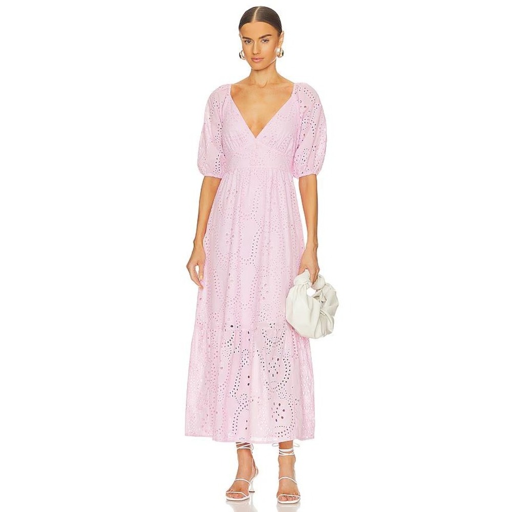 Sanctuary Pink Eyelet Midi Dress V-Neck Puff Sleeve Tiered Cotton New Size 12